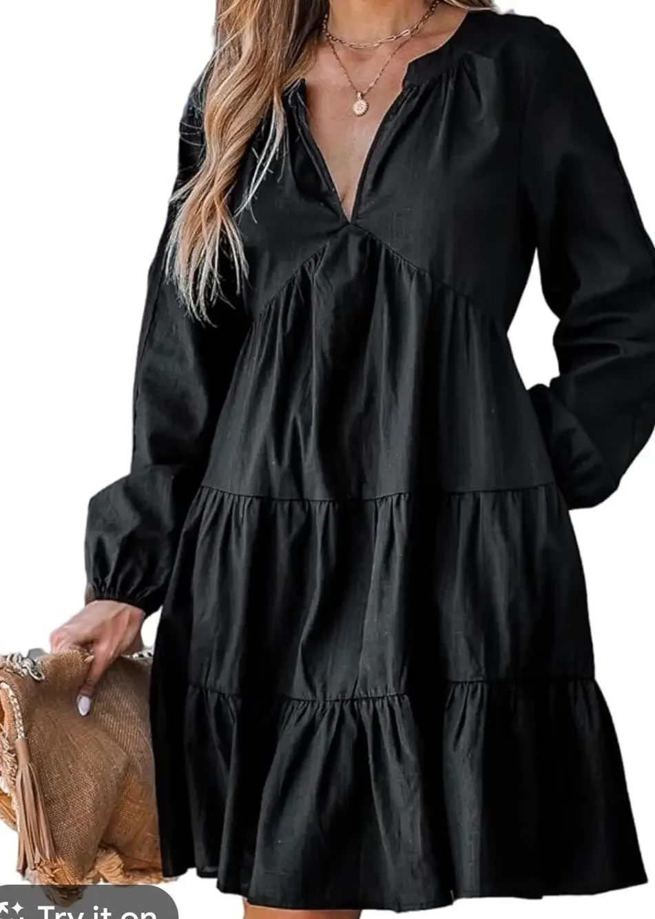 Cupshe Black V Neck Long Sleeve Ruffle Hem Mini Dress S NWT